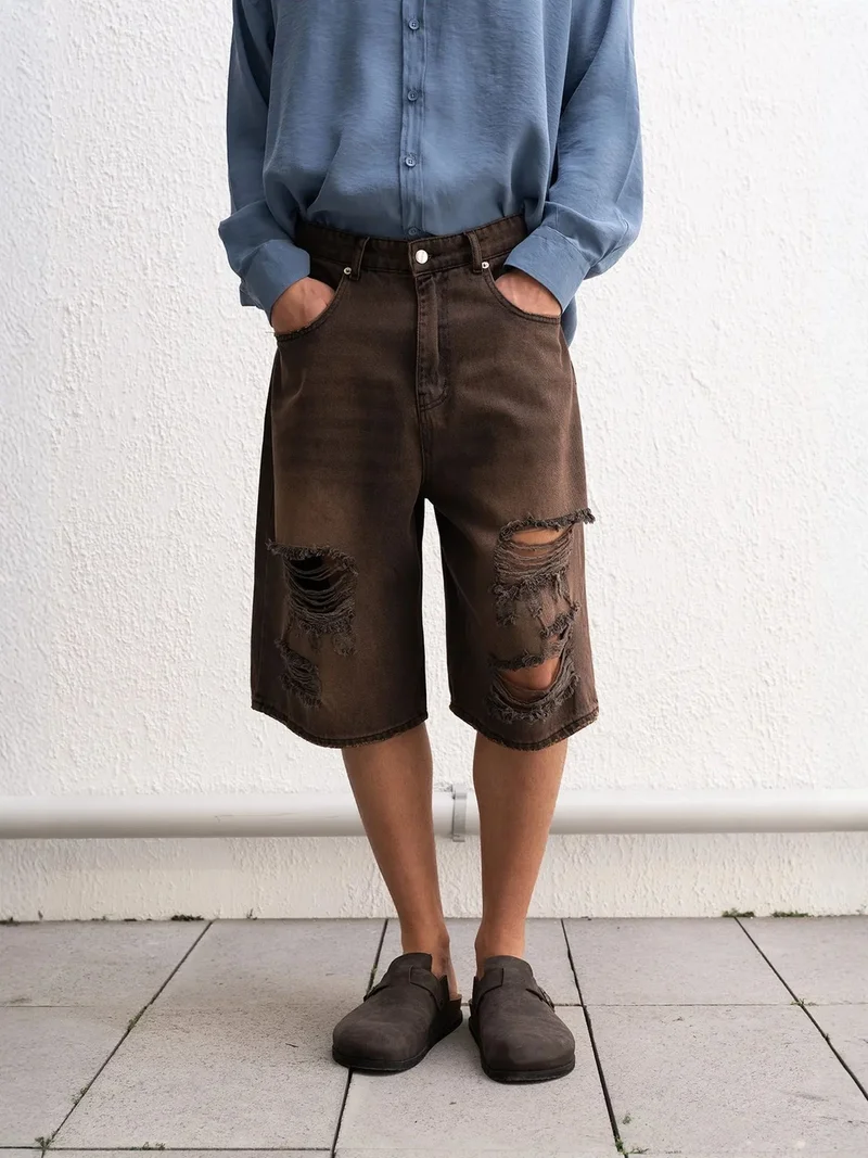 Giesto Coffee Brown GIESTO Destroyed Denim Shorts for Men | Best Price UAE